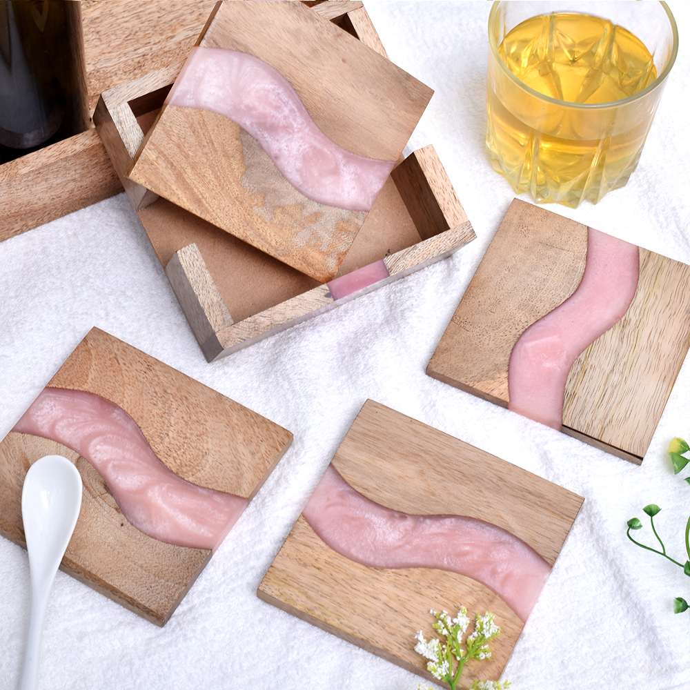 Handmade Pink Epoxy River and Acacia Wood Wood Set of 4 Decorative Table Coasters with Cover